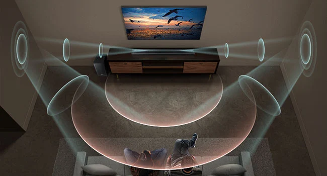Eine Grafik zeigt, wie eine Soundbar den Schall über die Wände zum Sofa lenkt.